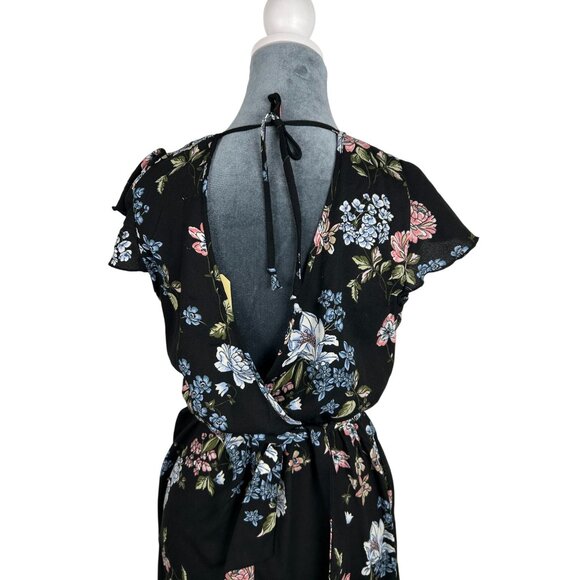 BO.G Collective Floral Wrap Maxi Dress Black/Blue Small With Flutter Sleeves NWT - Picture 4 of 16